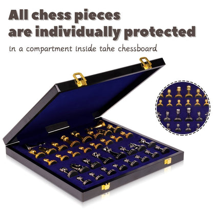Luxury Metal Chess Set with Marble Board – Zinc Alloy Gunmetal & Gold Pieces Extra Queens 11.5" Elegant Chessboard Gift for Adults Beginners
