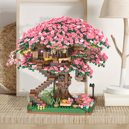 Building Block Set Cherry Blossom Tree House, 1020 or 2028 Micro Pieces with Pink Canopy and Base Display