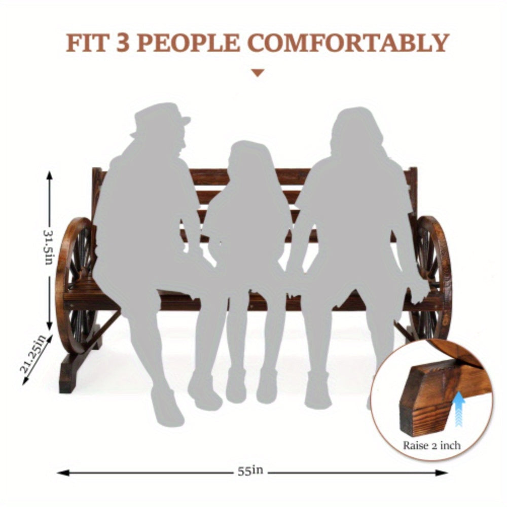 Outdoor Wooden Wheel Bench 3-Person Wagon Slatted Seat Weatherproof Porch Garden
