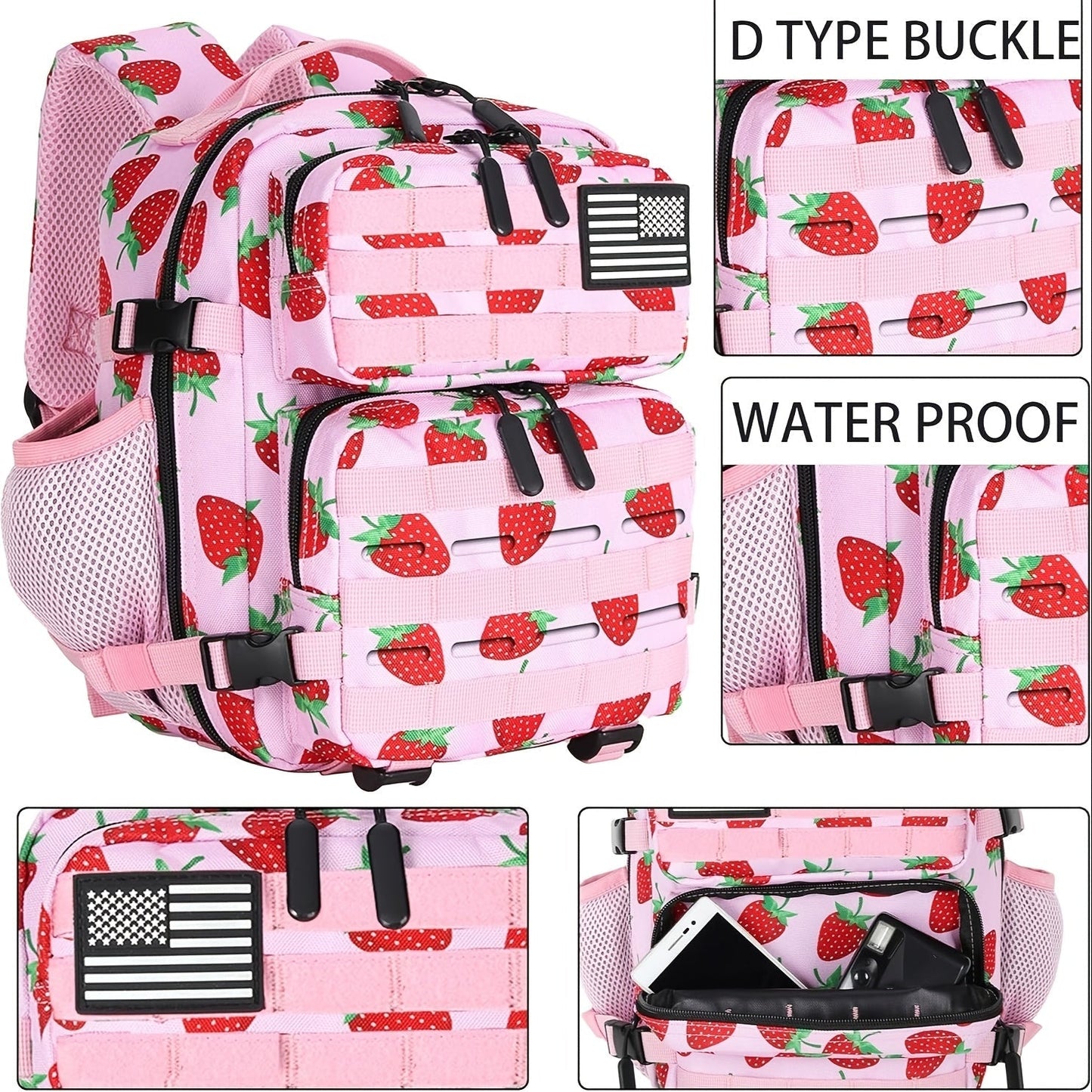 Mini Hiking Backpack 2.38 Gallon Daypack Zipper Closure Hip Strap for Daily Use Fitness Cycling Camping Travel School Strawberry Cat Paw
