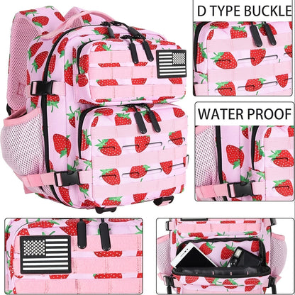 Mini Hiking Backpack 2.38 Gallon Daypack Zipper Closure Hip Strap for Daily Use Fitness Cycling Camping Travel School Strawberry Cat Paw