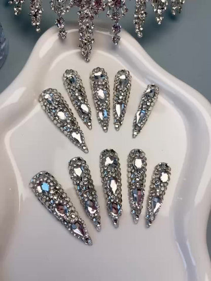 Press On Nails 10-Piece Extra-Long Pointed Almond Set with Silvery Rhinestones, Charms and Adhesive Stickers