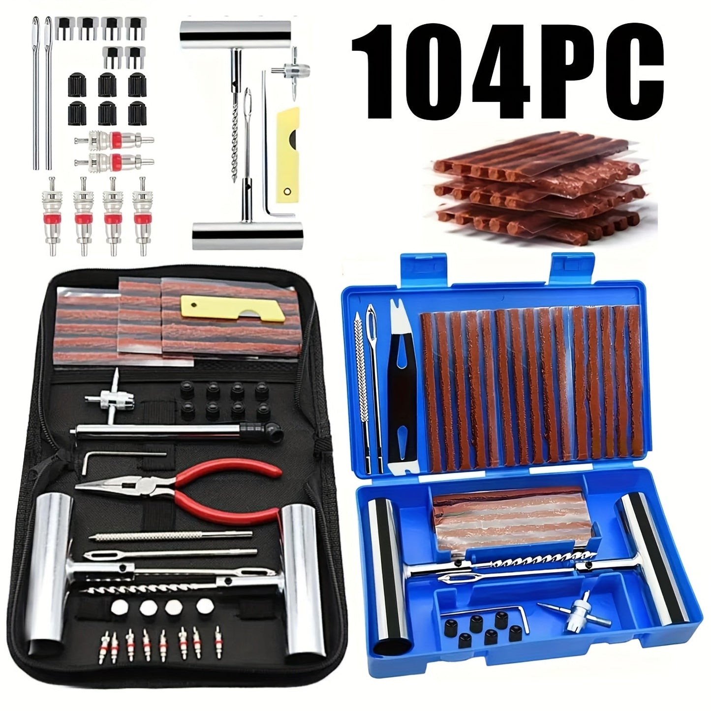 Tire Repair Tool Kit 47 / 58 / 104 / 116-Piece for Cars Motorcycles Trucks Tractors Trailers, Heavy-Duty Tubeless Tire Plug Patch Kit