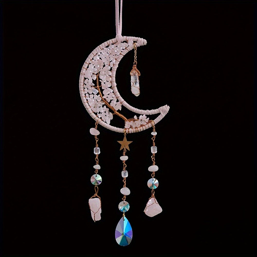 Dreamcatcher Moon Suncatcher Wall Hanging, Handmade Boho Wind Chime Pendant for Indoor Outdoor Garden