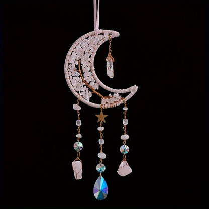 Dreamcatcher Moon Suncatcher Wall Hanging, Handmade Boho Wind Chime Pendant for Indoor Outdoor Garden