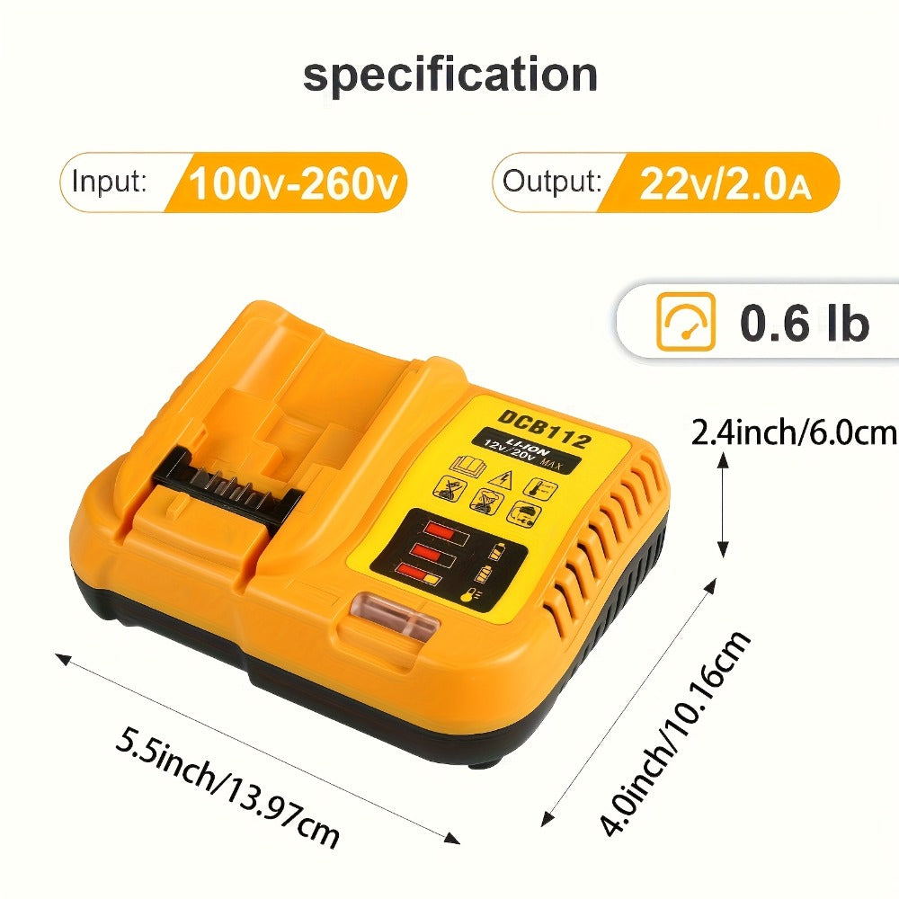Yellow 12V/20V MAX Battery Charger Compatible with Select DeWalt DCB Batteries and 22V 2A Output Label