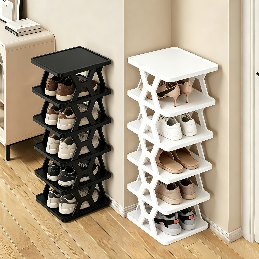 Narrow X-Frame Shoe Rack in Black or White with Six- or Nine-Layer Checkout Configurations