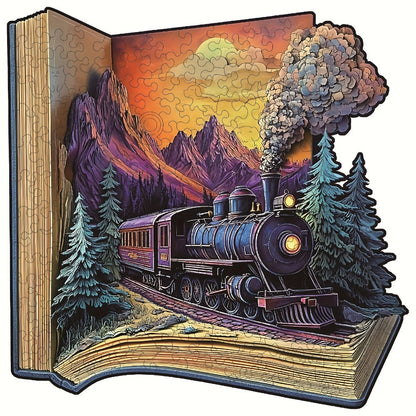 Galloping Train Wooden Jigsaw Puzzle with Book-Style Scene and 5.7 or 11.2 Inch Size Options