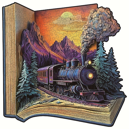 Galloping Train Wooden Jigsaw Puzzle with Book-Style Scene and 5.7 or 11.2 Inch Size Options