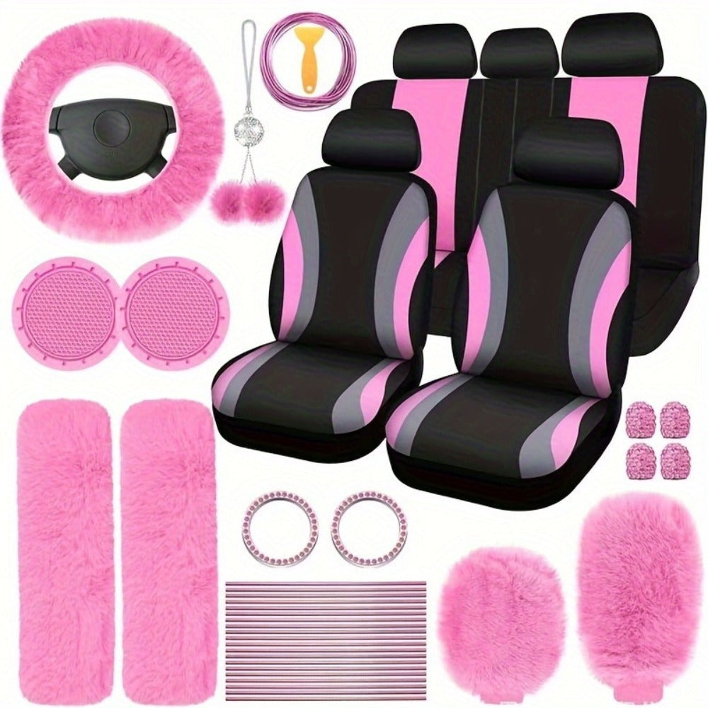 Car Interior Accessories Set for Women 45-Piece – Plush Steering Wheel Cover, Seat Cushion & Pendant, Universal Fit All Seasons