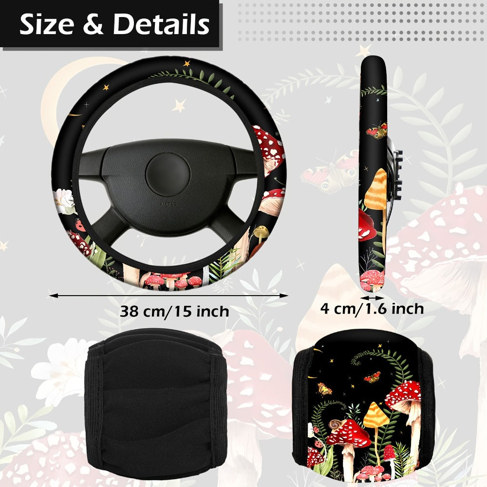 Car Seat Covers 17-Piece Red and Black Forest Mushroom Pattern Interior Accessory Set for Cabin Styling