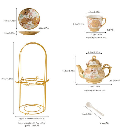 European Floral Ceramic Tea Set 20 Pcs – Italian Style Afternoon Tea Set with Metal Stand – Blooming Pattern Teapot & Cups