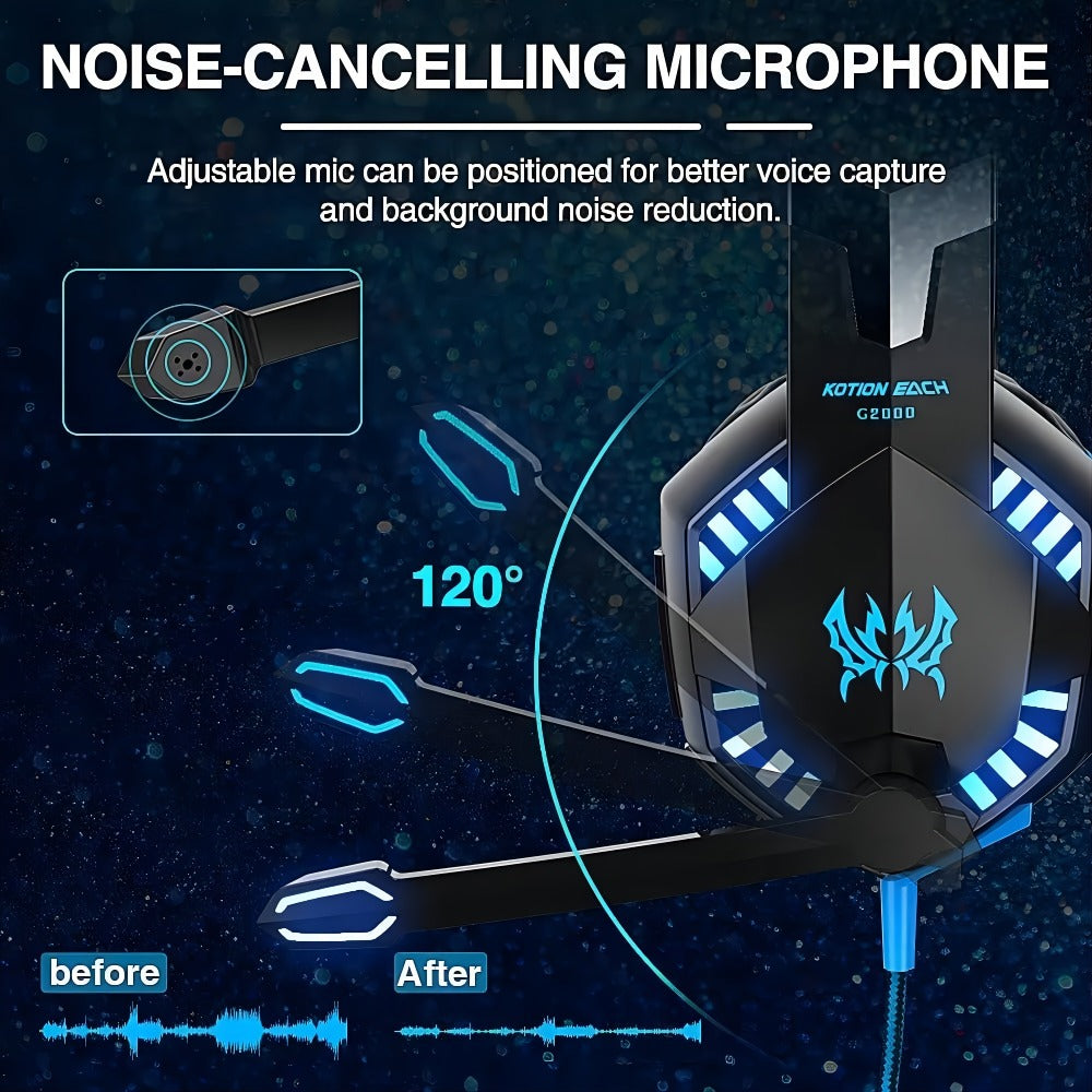 Gaming Headset with Mic LED Light Over Ear Wired Headphones for PC PS5 Xbox Nintendo for Bedside Audio, Alarms and Room Entertainment