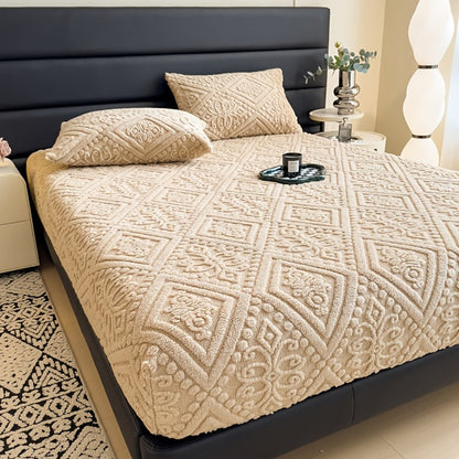 Bed Sheets, Single Jacquard-Knit Embossed Fitted Sheet with 11.4-Inch Pocket, Five Colors and Twin-to-King Sizes