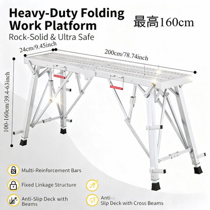 Aluminum Work Platform Height Adjustable Folding Portable Scaffold Bench Wide Base Safety Railing for Garden, Patio and Yard Use