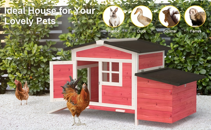 Hen House Outdoor Wooden Chicken Coop with Nesting Box Ramp Removable Tray Elevated Design Fir Wood for Garden, Patio and Yard Use