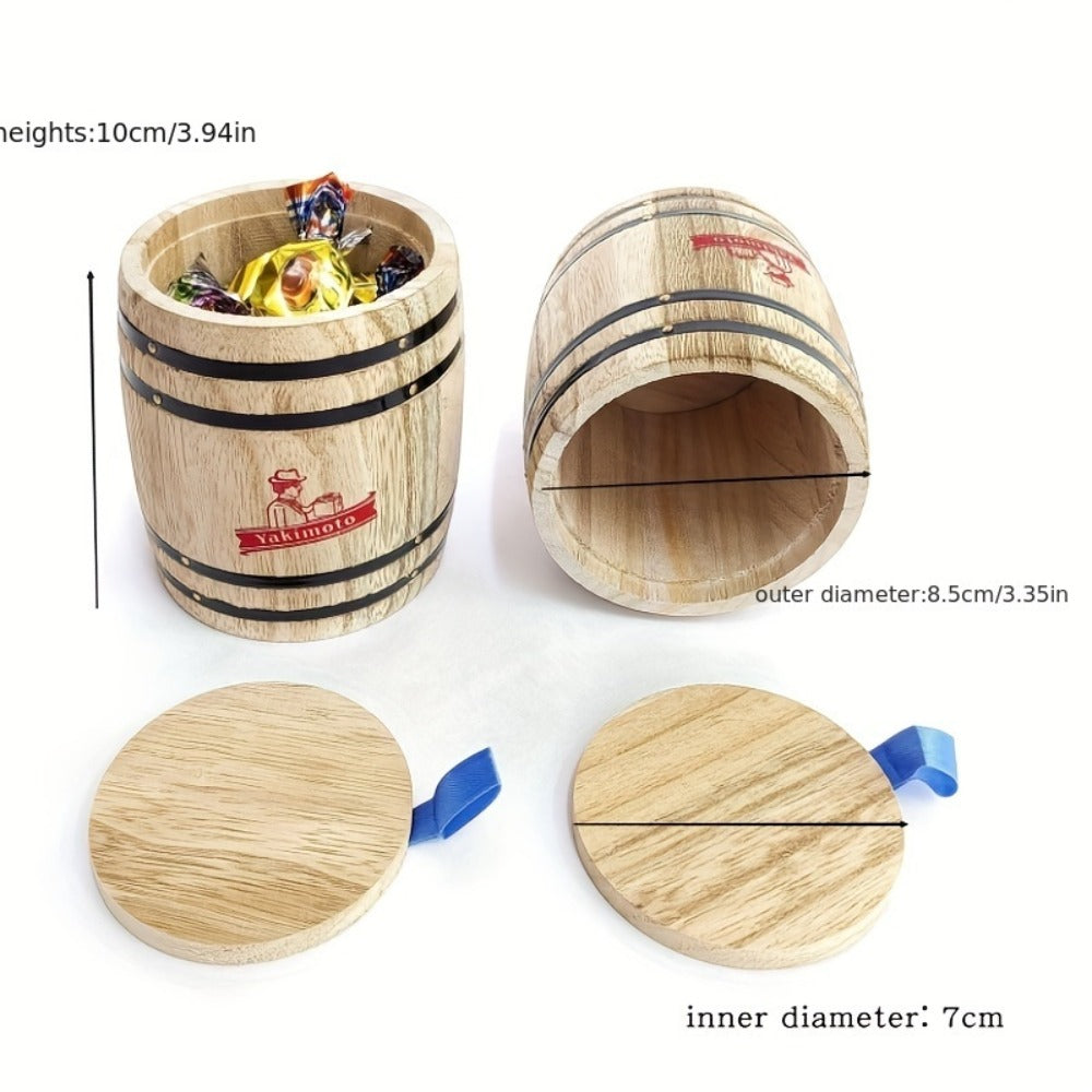 Wooden Barrel Storage Jar with Lid, Rustic Mini Desktop Organizer for Coffee Beans, Sugar, Candy