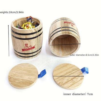 Wooden Barrel Storage Jar with Lid, Rustic Mini Desktop Organizer for Coffee Beans, Sugar, Candy