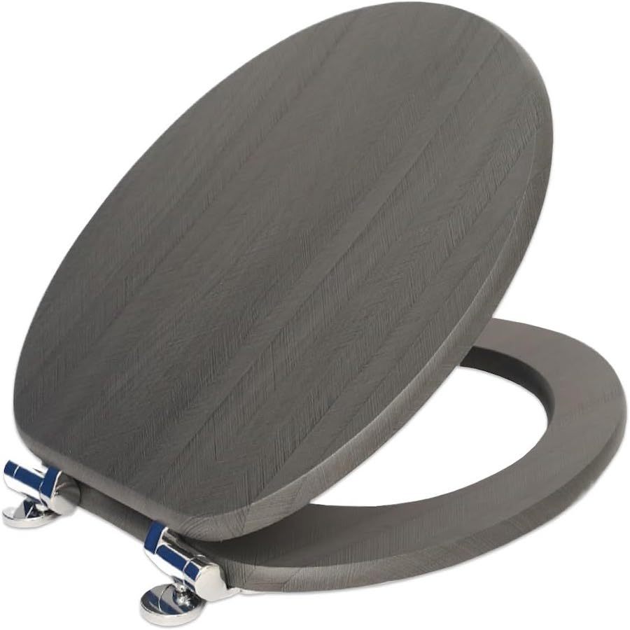 Slow Close Toilet Seat Round 19 Inch, Dark Grey -Close Toilet Lid with Alloy Hinges, Easy Clean Quick-Release