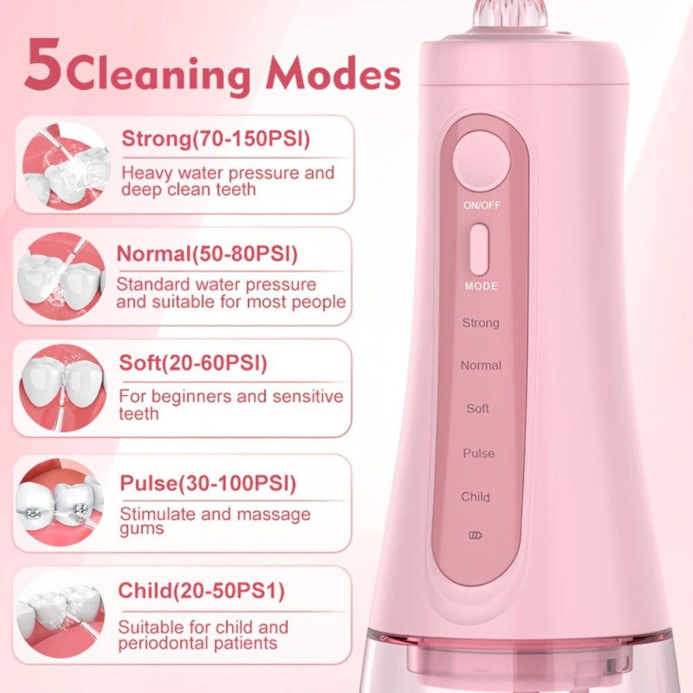 Water Flosser Cordless Oral Irrigator with Five Modes, Five Jet Tips, 1800mAh Battery and Pink or Black Options