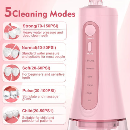 Water Flosser Cordless Oral Irrigator with Five Modes, Five Jet Tips, 1800mAh Battery and Pink or Black Options