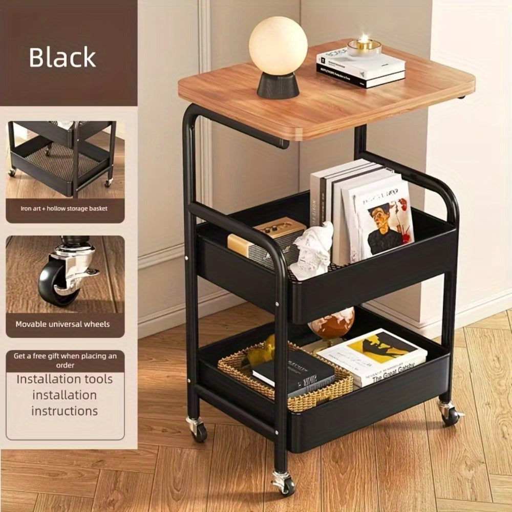 Storage Trolley with Wheels 3-Tier Wooden Tabletop Rolling Cart – Reinforced Black Metal Frame, Locking Casters