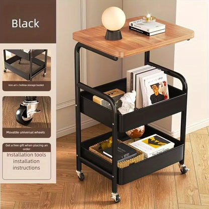 Storage Trolley with Wheels 3-Tier Wooden Tabletop Rolling Cart – Reinforced Black Metal Frame, Locking Casters