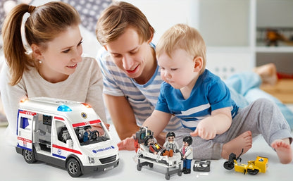 Ambulance Toy Playset for Kids Ages 3-8, Realistic Friction-Powered Emergency Vehicle with Flashing Lights & Siren Sound