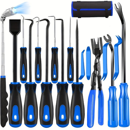 Auto Trim Removal Tool Kit 17pcs with Pry Tools Picks Metal Scraper Magnetic Telescopic Pickup Non-Slip Clips for Car Door Panel Dash