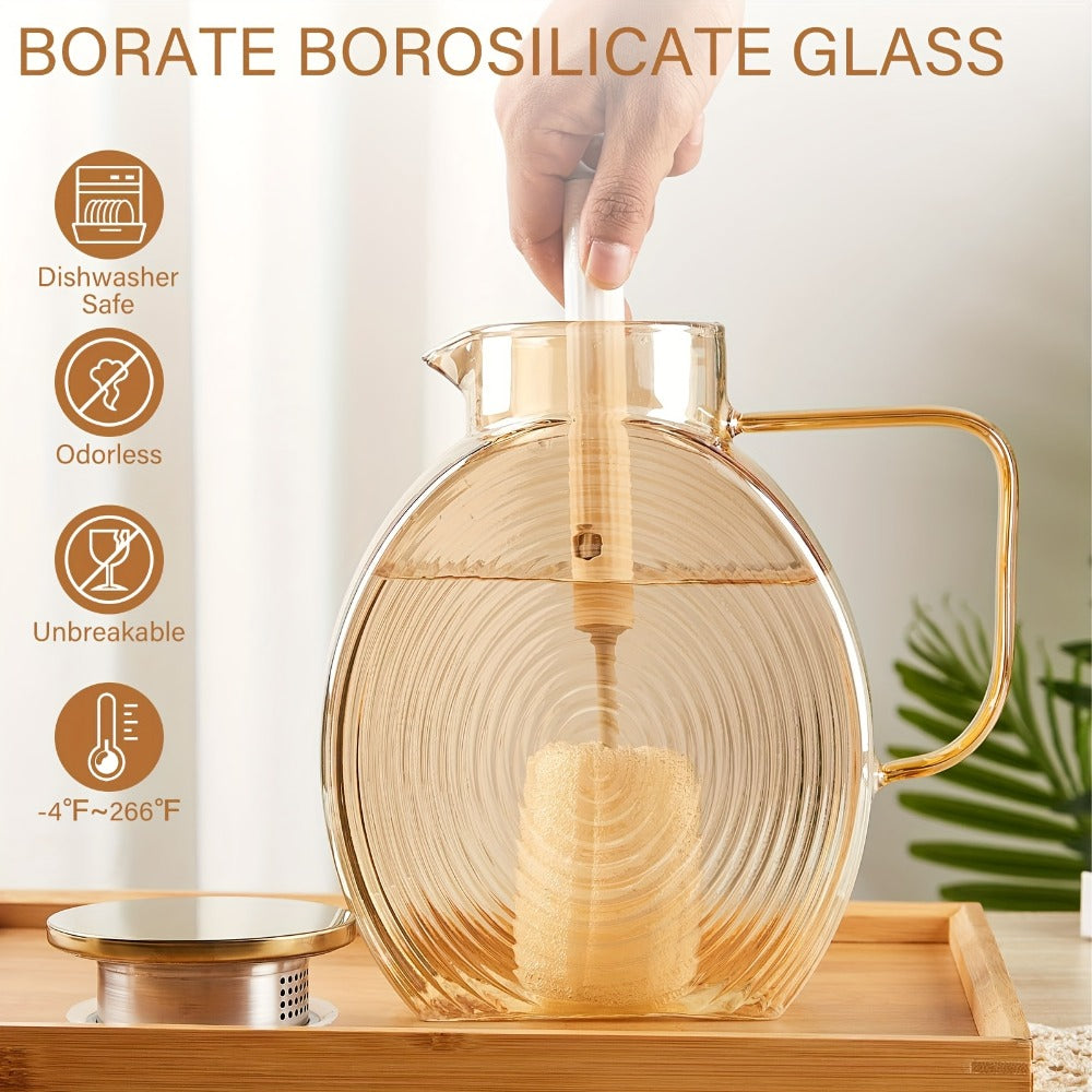 Round 84-Ounce Glass Pitcher with Concentric Texture, Side Handle and Golden or Gray Accent Lid