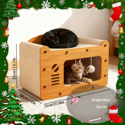 Large Cat House with Scratcher Pad & Plush Ball Toys, Ventilated Multi-Functional Indoor Outdoor Cat Shelter