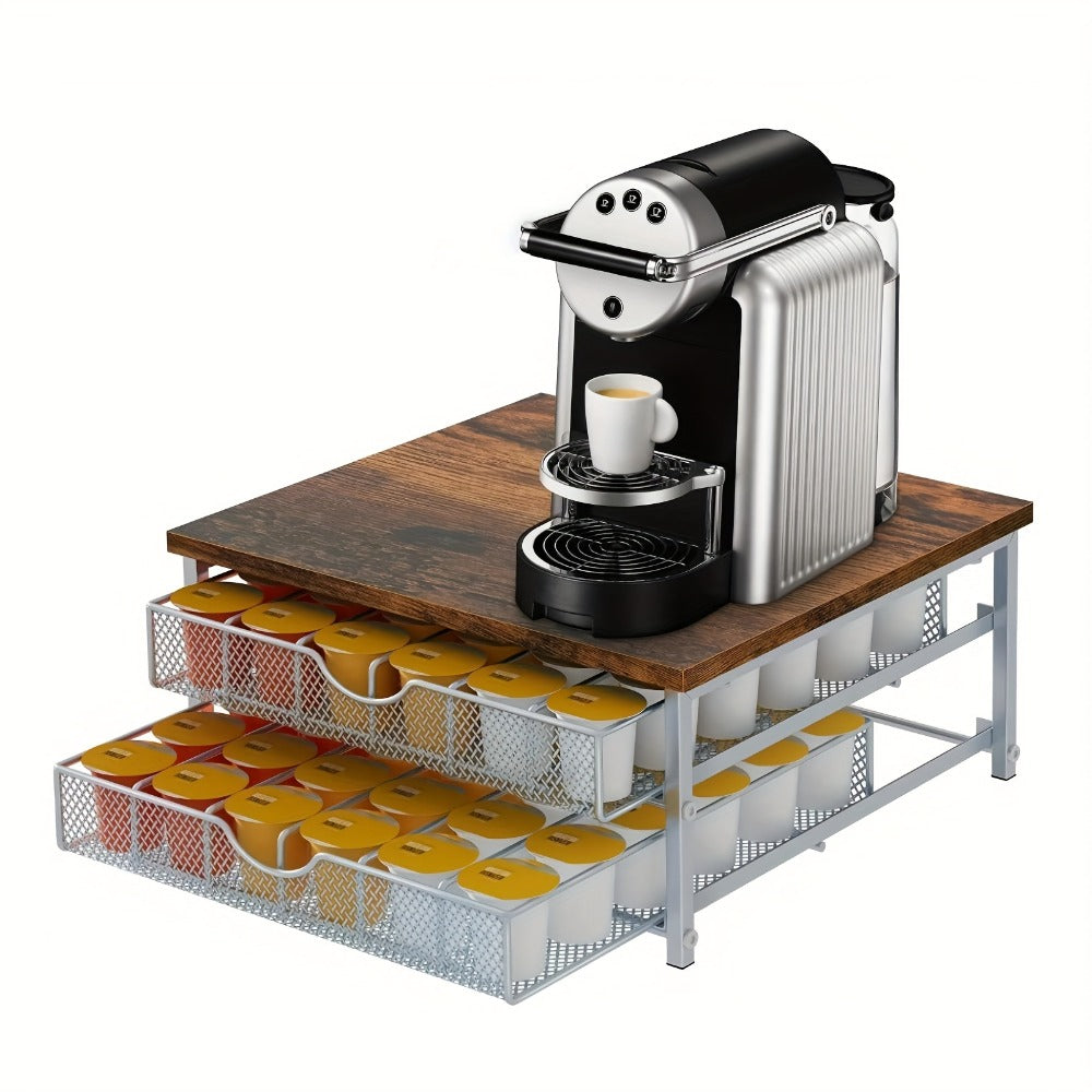 K-Cup Coffee Pod Holder 72 Capacity – 2-Tier Sliding Drawer Coffee Pod Organizer with Wood Top & Metal Frame, Non-Slip Base