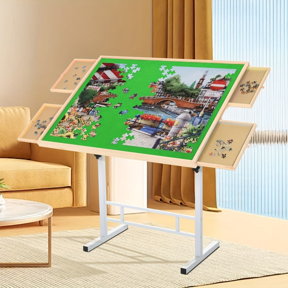 Jigsaw Puzzle Table with 4 Drawers 1500 Pieces – Adjustable Angle & Height 35"x26" Tilting Wood Board with Metal Legs