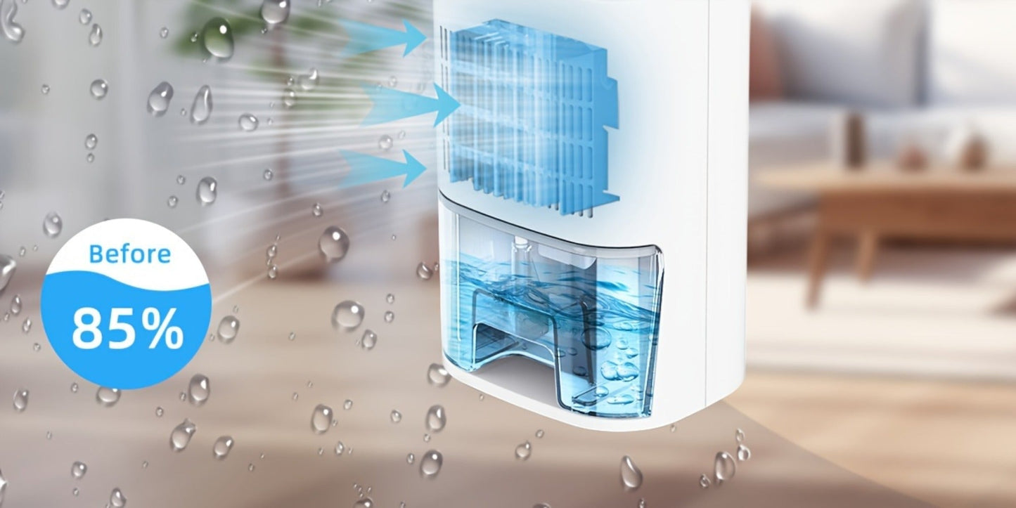 Compact 27-Ounce Peltier Dehumidifier with One-Button Control, Water-Level Window and Full-Tank Shutoff