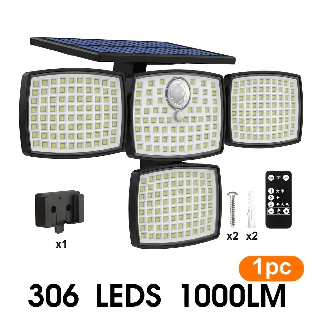 Solar Outdoor Motion Sensor Light 4-Head 3000LM, 270° Wide Angle, 3 Modes, Remote Control for Garden, Pathway and Patio Lighting
