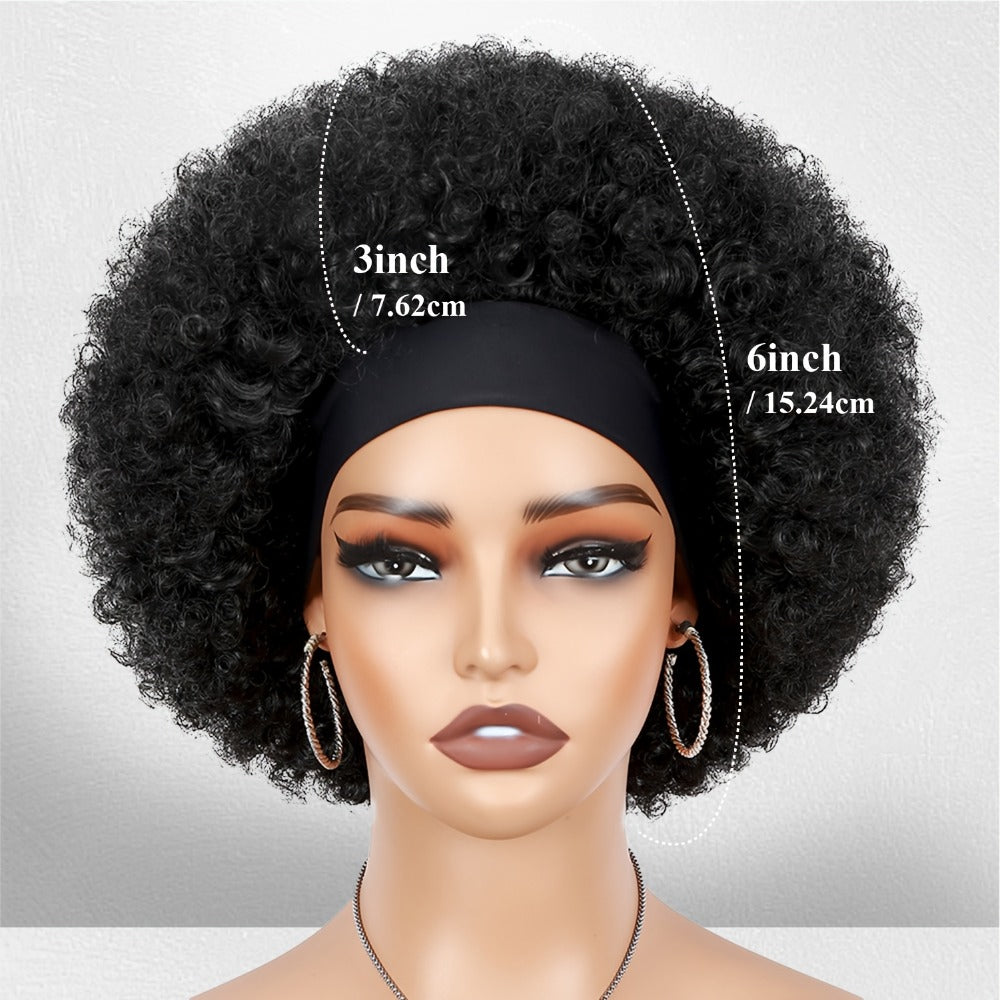 Afro Curly Headband Wig for Women Short Kinky Curly 180% Density – No Lace No Glue Synthetic Wig with Attached Headband, Heat Resistant