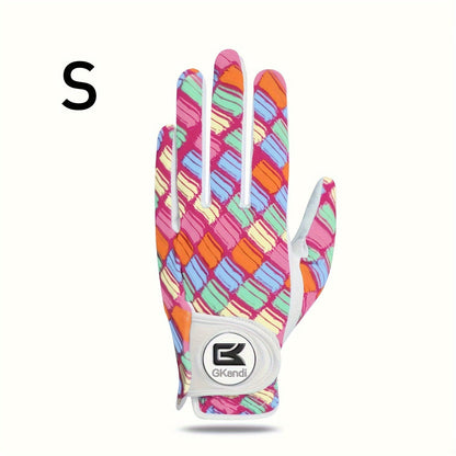 Women's Golf Gloves Left Hand with Ball Marker – All-Weather Grip Leather Golf Glove for Ladies Right-Handed Golfers, Colorful Design