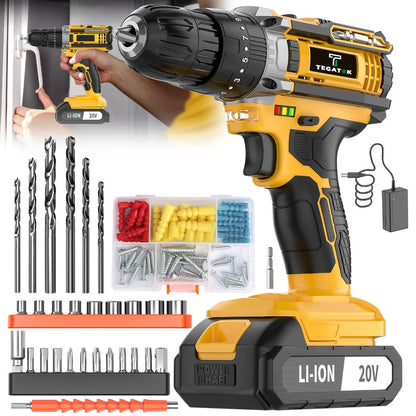 Cordless Drill Set 20V - Tegatok Impact Drill Kit with 45Nm Torque, 23-Speed Settings, LED Light