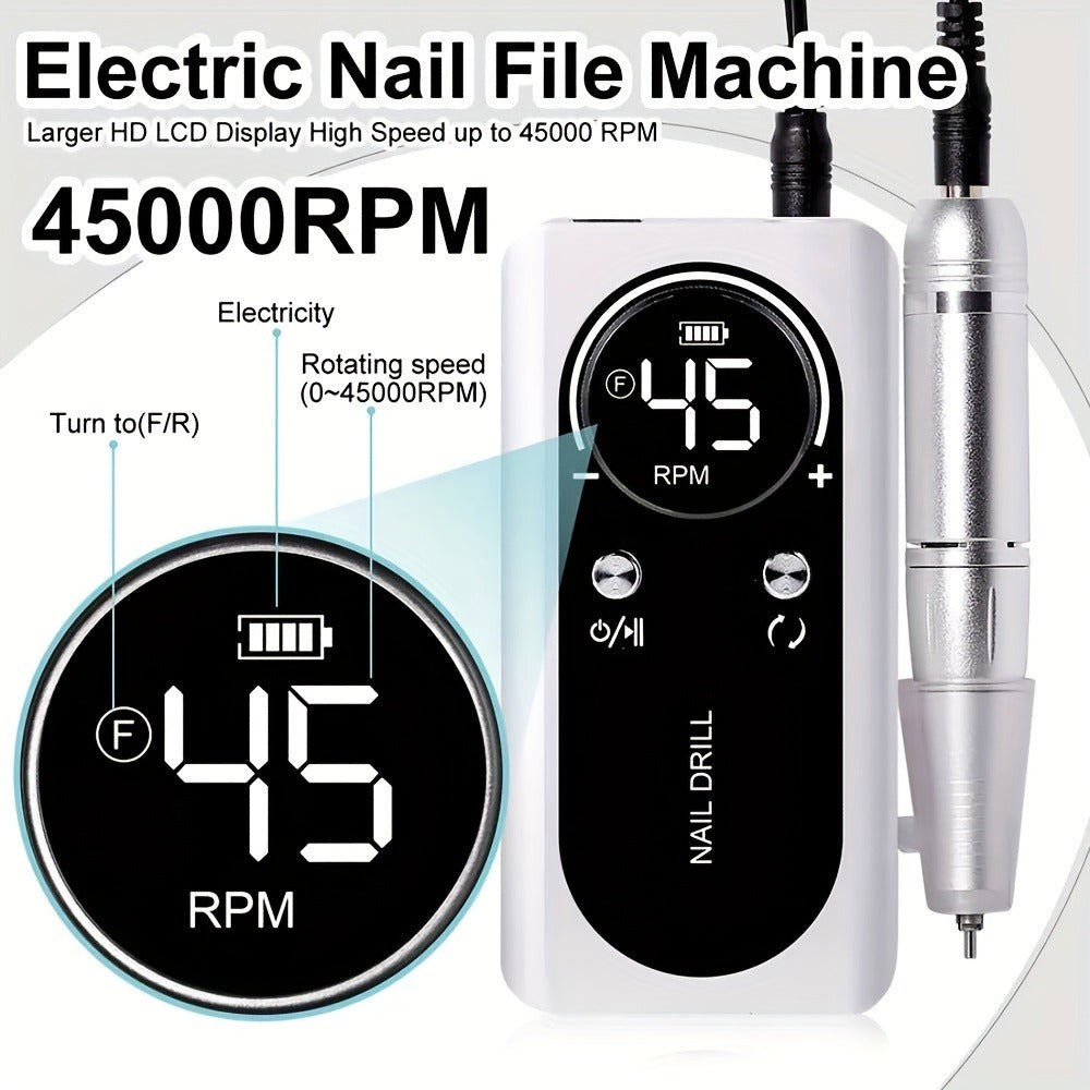Electric Nail Drill 45000 RPM Brushless Kit with LCD Screen, 6 Bits, 6 Sanding Bands and Belt Clip