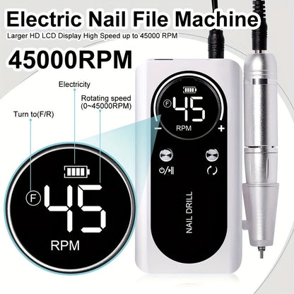 Electric Nail Drill 45000 RPM Brushless Kit with LCD Screen, 6 Bits, 6 Sanding Bands and Belt Clip