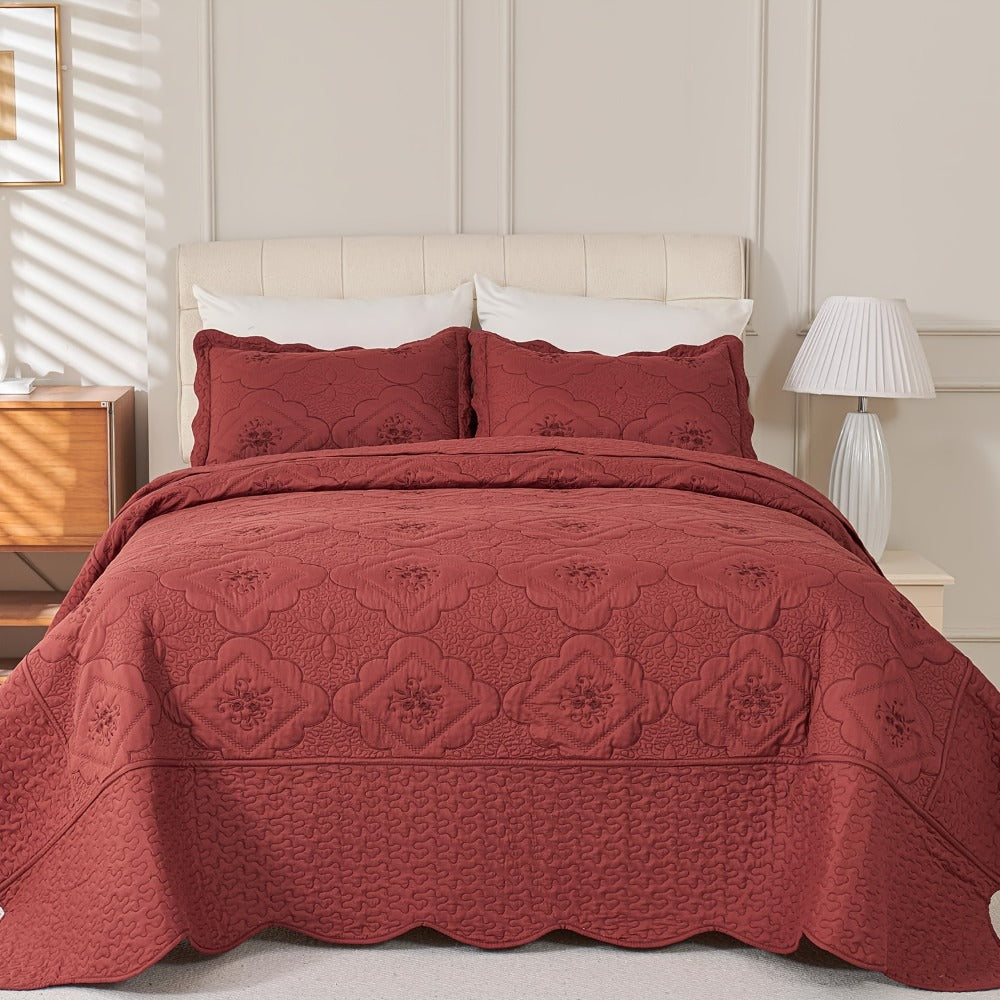 Quilt Set 3 Piece Floral Embroidery Bedspread – 100% Polyester Wrinkle Resistant Lightweight Quilted Coverlet with 2 Pillow Shams for Full