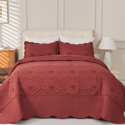 Quilt Set 3 Piece Floral Embroidery Bedspread – 100% Polyester Wrinkle Resistant Lightweight Quilted Coverlet with 2 Pillow Shams for Full