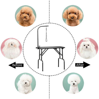 Pet Grooming Table Foldable with Height Adjustable Arm – Non-Slip Waterproof Surface, Folding Legs, Sturdy Metal Frame