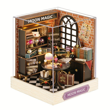 DIY Wooden Tiny House Kit with Dust Cover, Handmade Miniature Dollhouse Puzzle, 3 Themes Afternoon Tea Rotating Food House Moon Magic