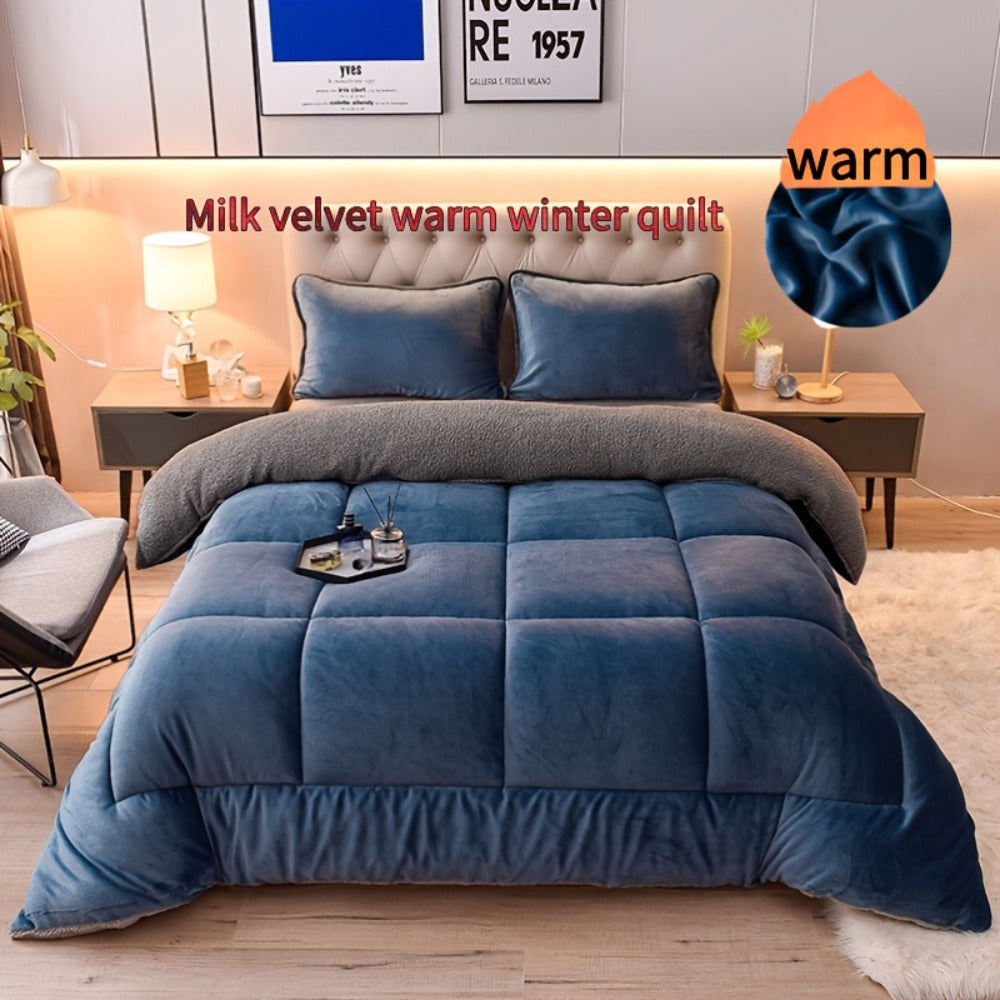 Reversible Milk Velvet Comforter Soft Quilted Blanket 100% Polyester Plush Fleece Bedding All Season Machine Washable for Home Hotel Queen