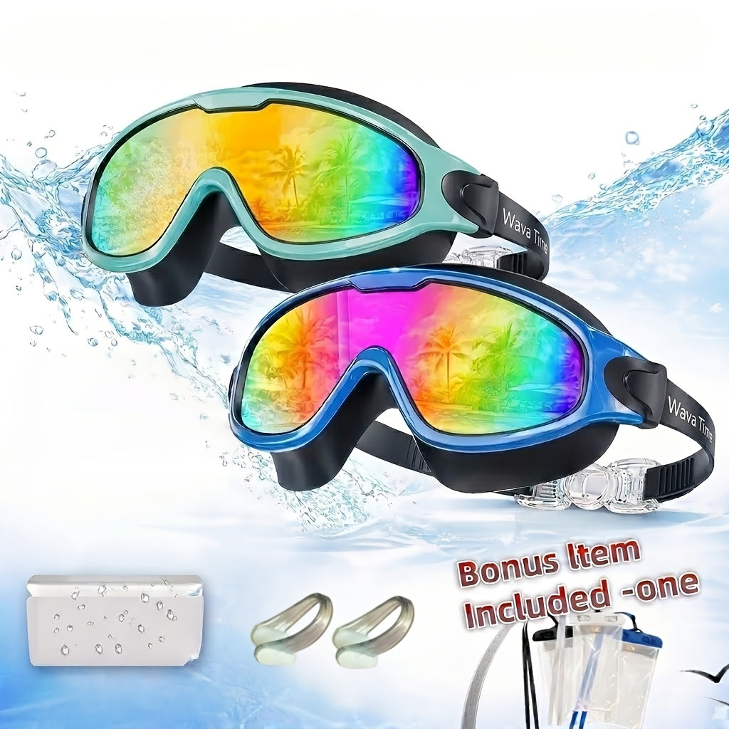 Two-Pack Wide-Lens Swim Goggles with Mirrored Blue-Green Lenses, Adjustable Straps, Case and Accessories