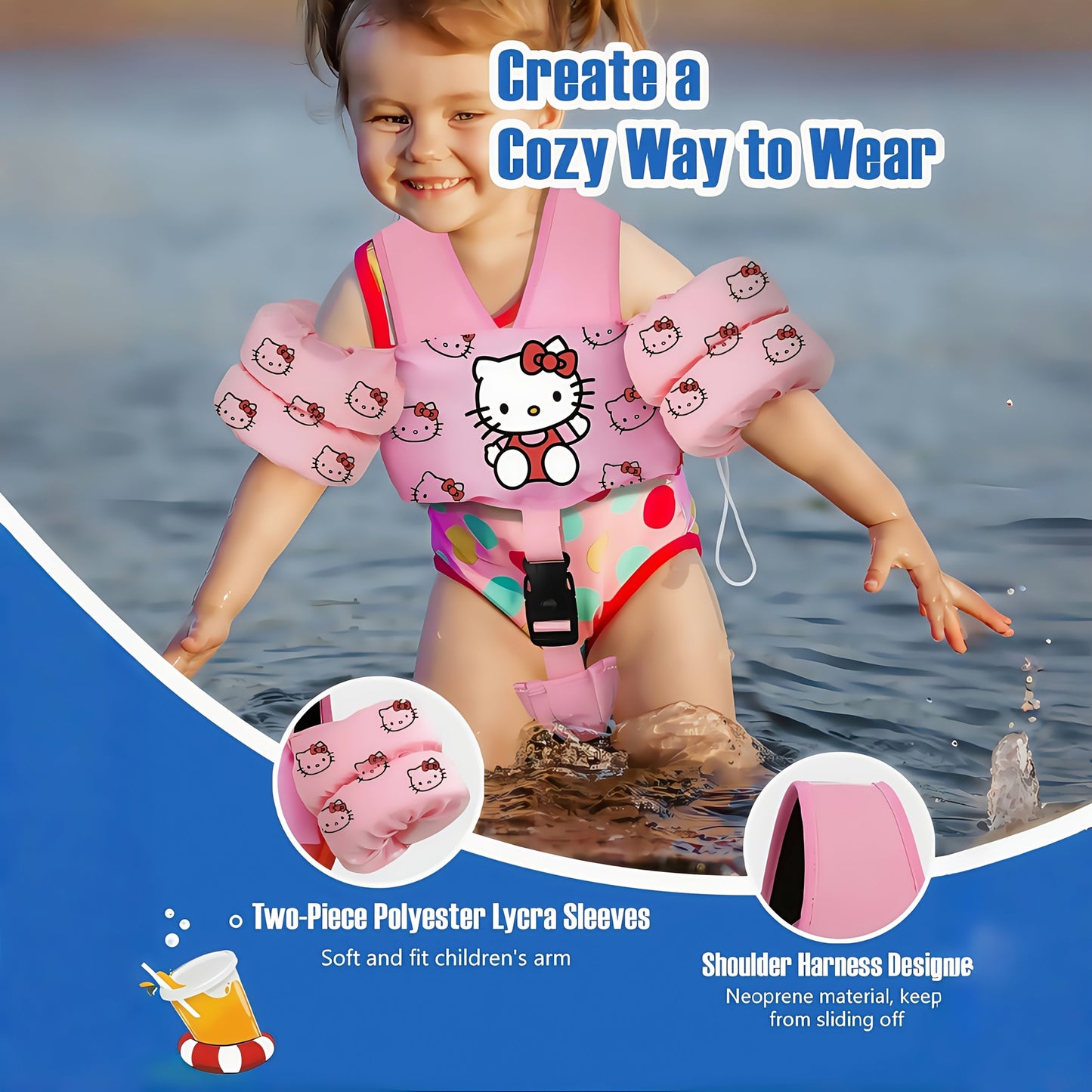 Toddler Swim Float Vest with Adjustable Straps – Sanrio Hello Kitty Pattern Kids Floating Jacket for Beginners Ages 1-9