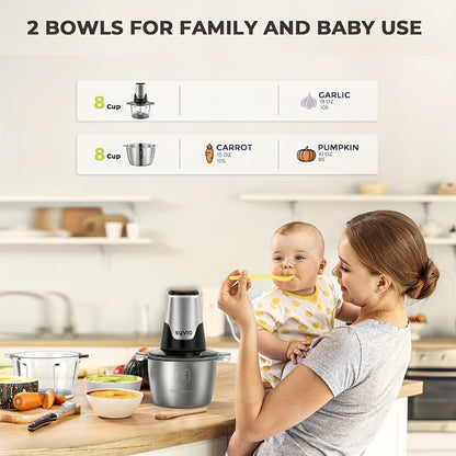 Mini Food Processor 450W, Electric Food Chopper with 2 Bowls & 4 Bi-Level Blades for Meat, Baby Food