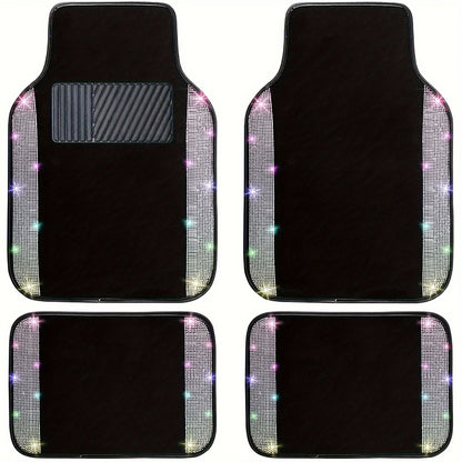 Rhinestone-Border Car Floor Mats, Four-Piece Black Carpet Set with Seven Accent Color Options