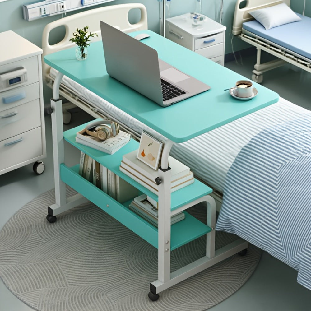 Adjustable Overbed Table with Rolling Shelf Frame and Six Color Checkout Options from Burlap to Deep Glacier